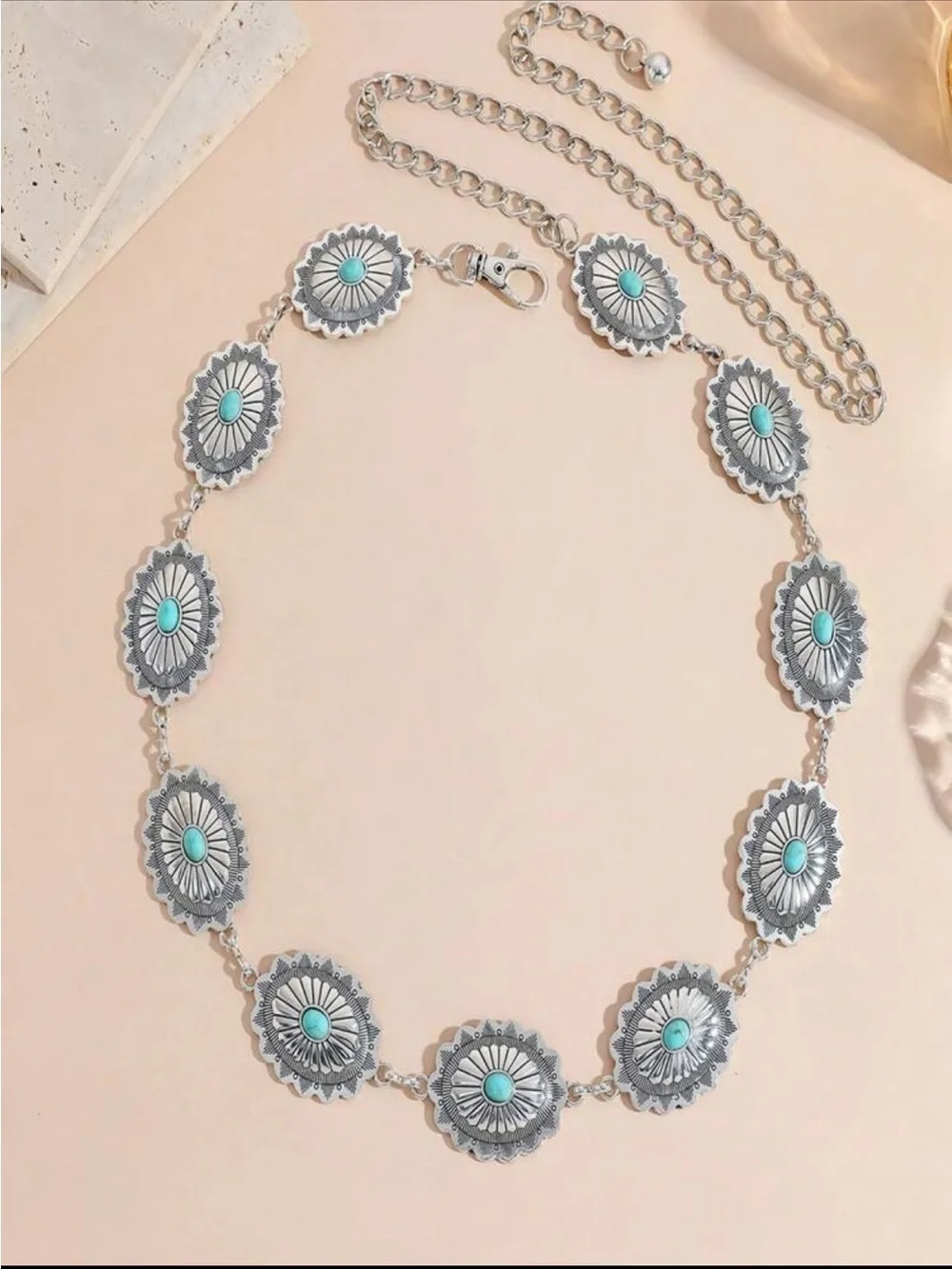 Turquoise Accent Silver Concho Waist Chain Belt - Women Accessories